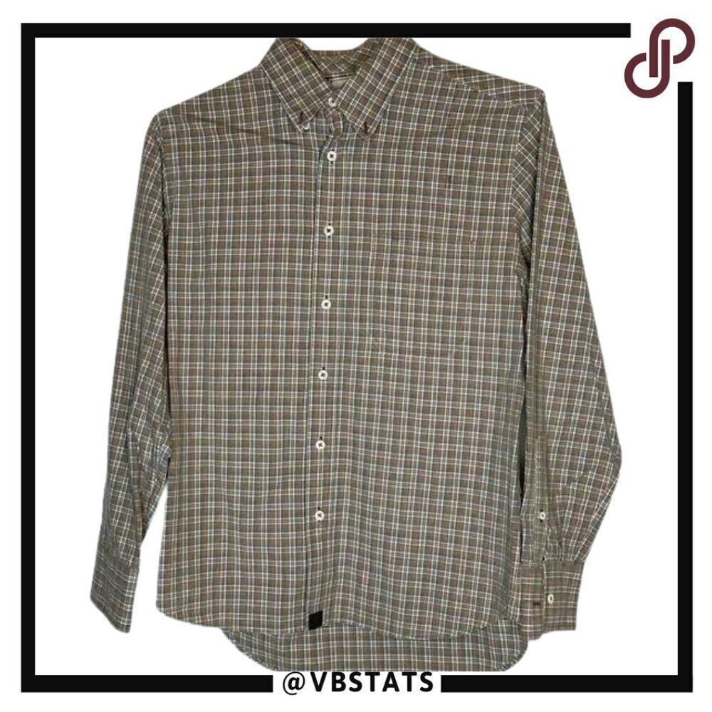 Small Billy Reid Tan-White LS Plaid Shirt‎